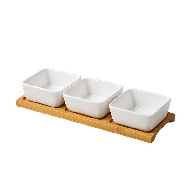 Porcelain Dessert Snack Serving Dishes with Wooden Stand