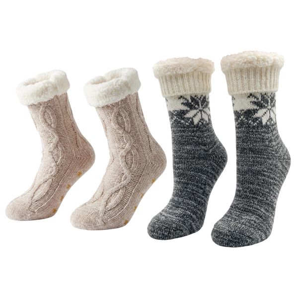 Premium Grey Thermal Fuzzy FleeceSlipper Winter Socks Warm&amp;Thick - 2 Pairs