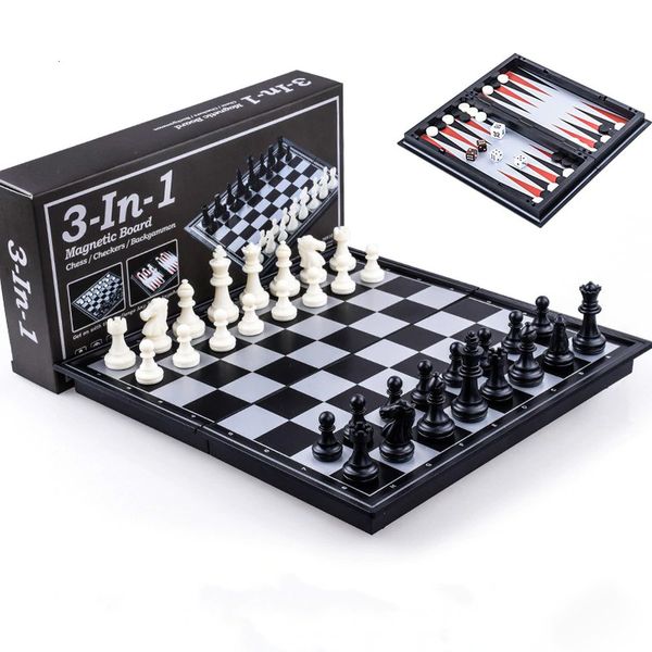 Chess, Backgammon and Checkers Board &amp; Pieces - 3 in 1 Set