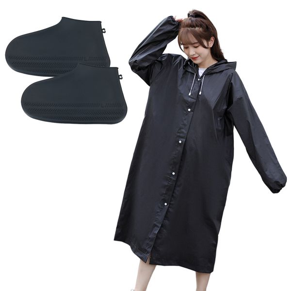 Rain Coat Shoes Cover Set Reusable Elastic Sleeves Survival With Hood Adult