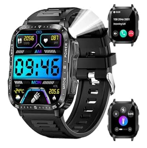 Military Smart Watch for Men with LED Flashlight