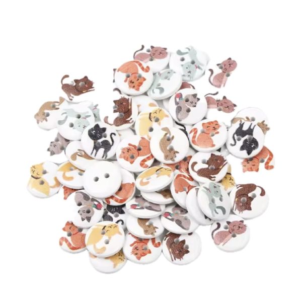 Craft DIY 2-Hole Mixed Cat Wood Buttons - 100 Pieces (1.5cm)