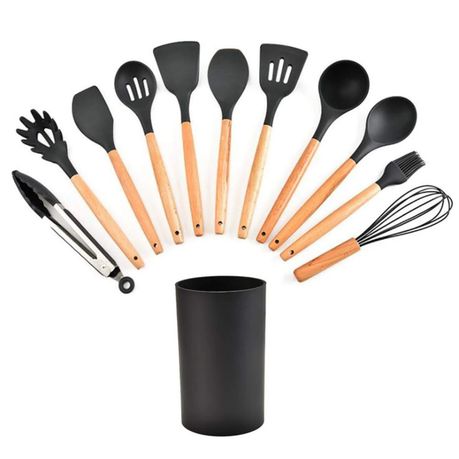 14 Pcs Silicone Cooking Kitchen Utensils Set with Holder, Wooden Handles  BPA Free Non Toxic Silicone Turner Tongs Spatula Spoon Kitchen Gadgets Utensil  Set for Nonstick Cookware (Khaki)