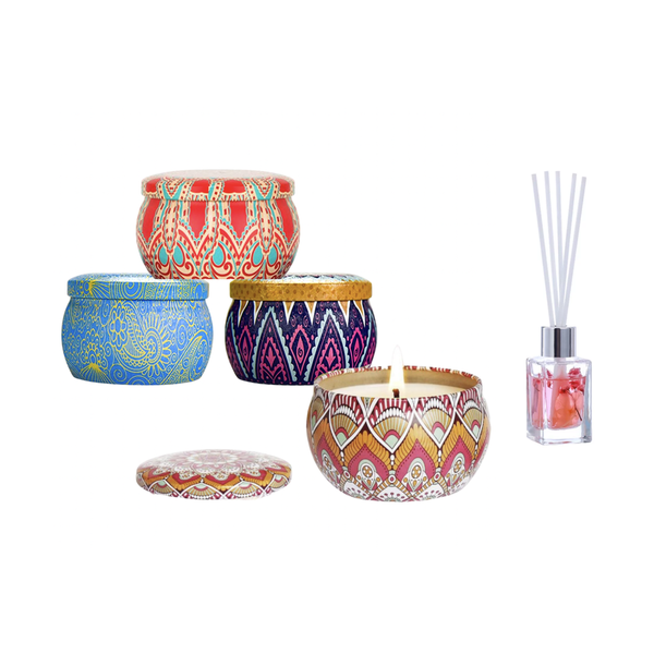 4 Pack Designer Assorted Scented Candles with 30ml Reed Aroma Diffuser