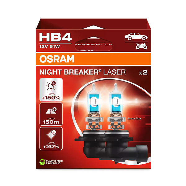 OSRAM Night Breaker Laser HB4 9006 Halogen Headlight Bulbs 51W (2 Pack)