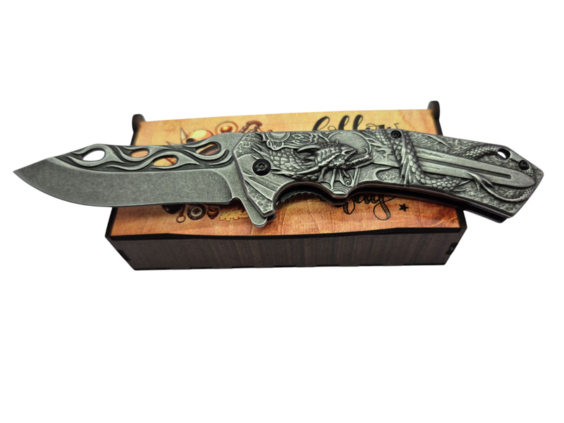 Dragon with Sword Engraved Gift Folding Knife in Gift Box