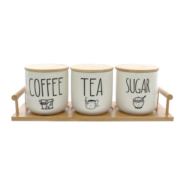 Regent Coffee,sugar,tea Ceramic Jars with Bamboo Lids and Tray, 500ml