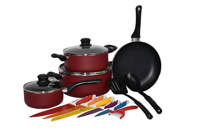 Tissolli 9 Piece Non-Stick Aluminium Red Set With 6 Piece Knife Set