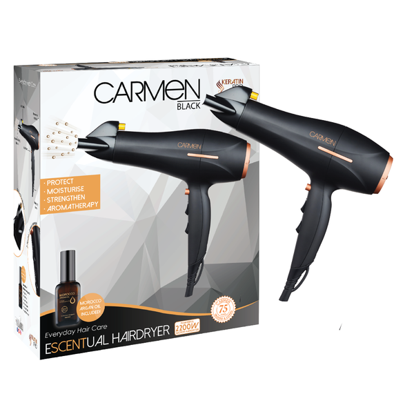 Carmen Keratin Pro Hair Dryer 2200W - Argan Oil, Ionic, Black