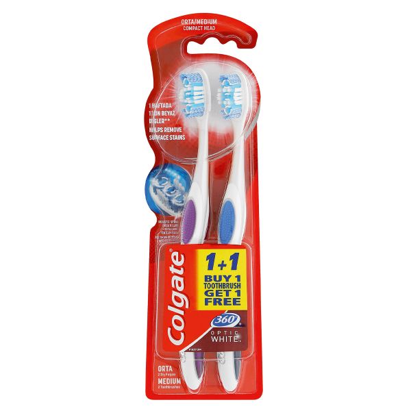 Colgate 360 Optic White Medium Toothbrush - 2 Pack