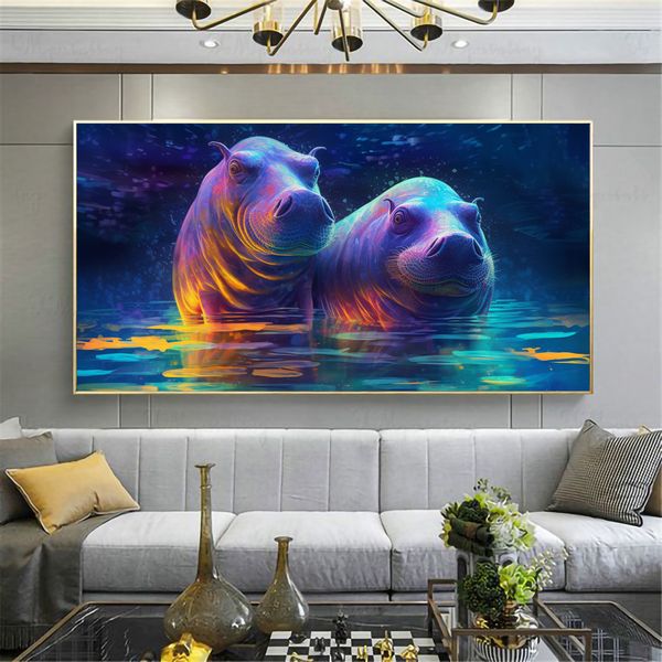 Canvas Wall Artwork - Two Colourful Hippos Abstract - 0610