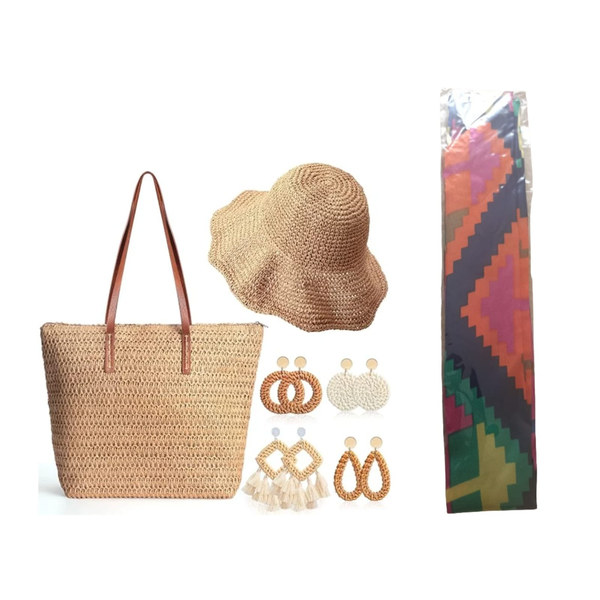 Womens Straw Tote Bag Summer Straw Beach Bag Straw Sun Hat Earrings Combo