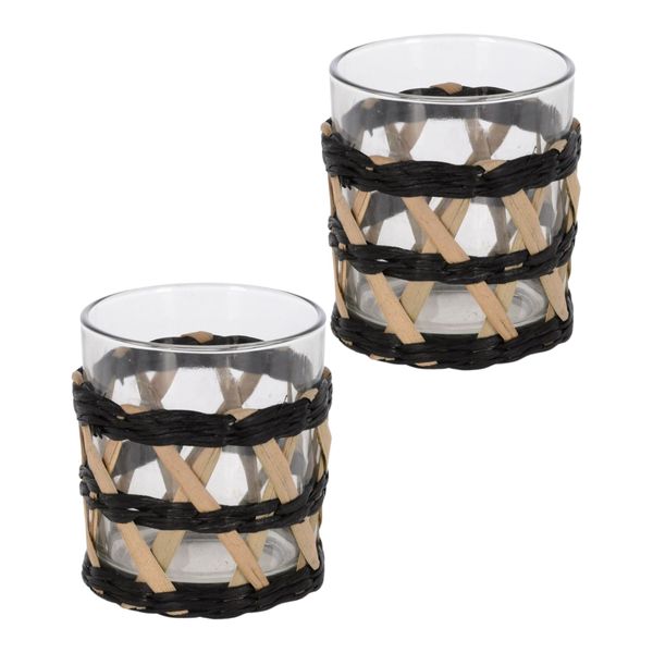 2 Piece Glass Tea-light Holder With Black Willow Decor