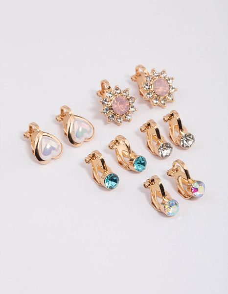 Gold Heart &amp; Flower Clip On Earrings 5-Pack