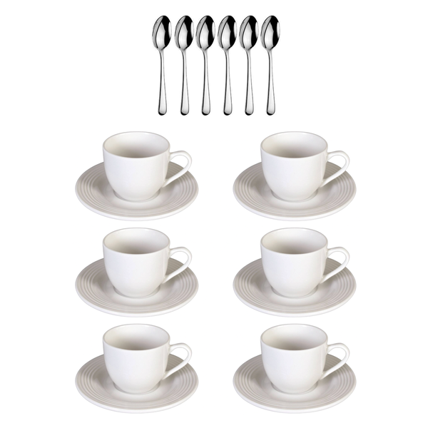 Premium Tea or Coffee Cups and Saucers + Teaspoons - 220ml - Set of 6