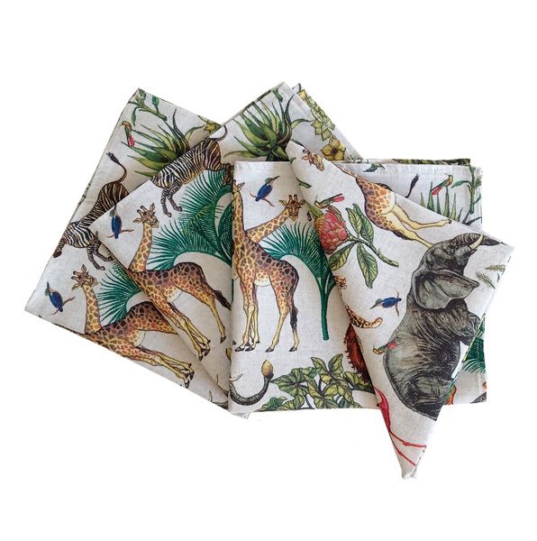 Vintage Wildlife Animal Fabric Printed Napkins 45x45cm - Set of 4