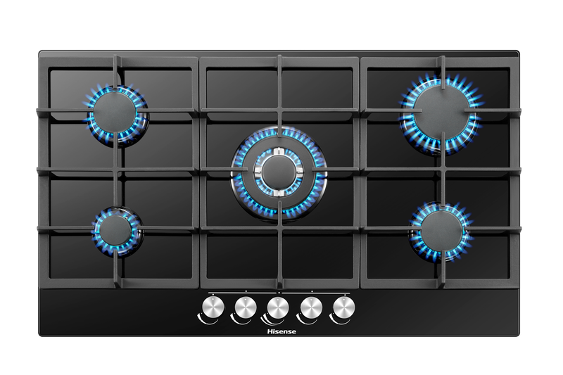 Hisense 90cm 5 Burner Gas Hob - Black Glass