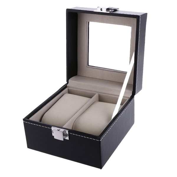 Black 2 Grid PU Leather Watch Display Case