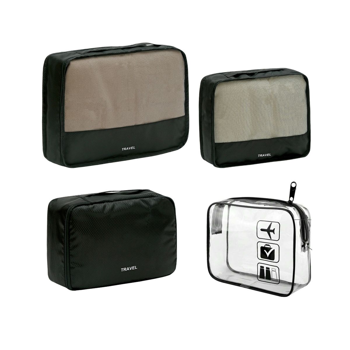 4 Piece-Travel Storage Bags Multi-functional Divided Organizers - Black