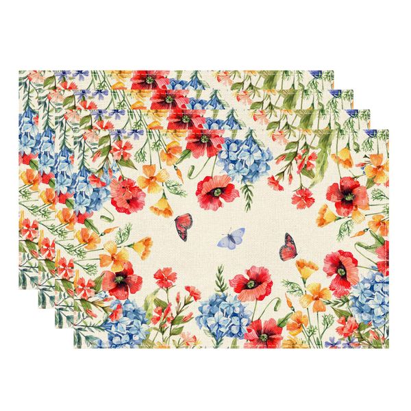 Watercolor Colorful Wildflowers Butterfly Spring Placemats Set of 4
