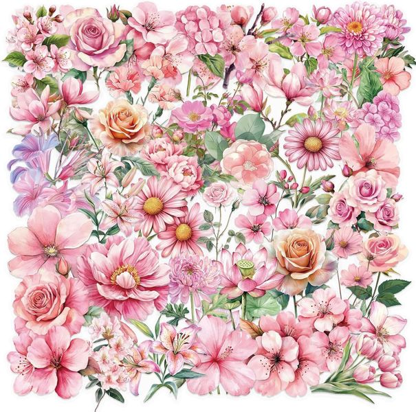 100 Pcs Flower PET Transparent Stickers Colorful Natural Waterproof Decals