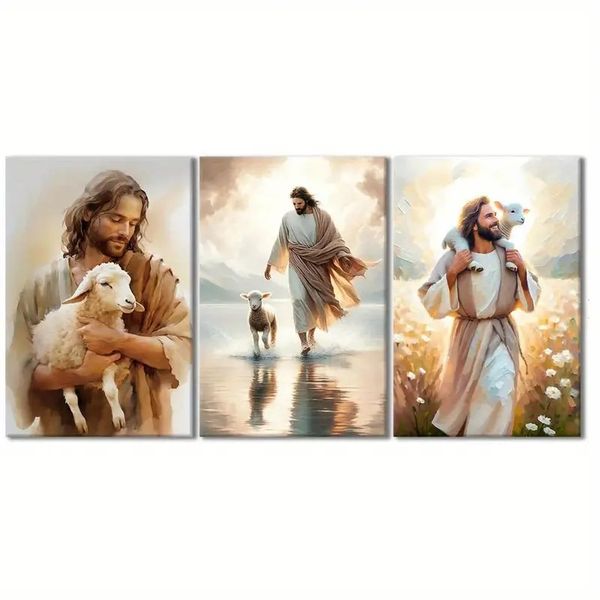 Framed Canvas Wall Art - Jesus and Lamb Theme (3-Piece Set)
