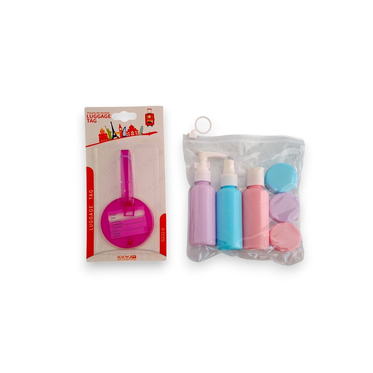 Travel Refill kit and Purple Luggage Tag 7pc Set