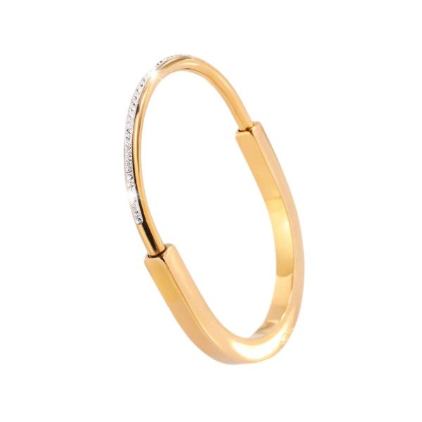 Luxury Stainless Steel Lock Bangle With Rhinestones - Gold
