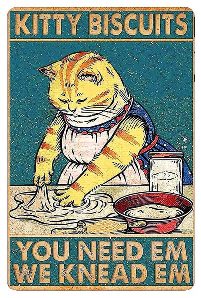 12x8" Funny Cat Tin Sign, Vintage Decor, Kitty Biscuits You Need We Knead