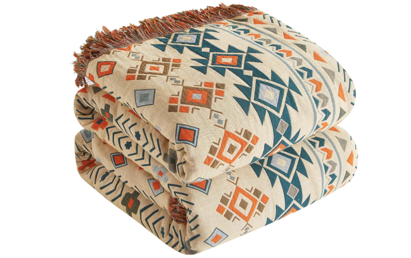 Boho Throw Blanket for Bed 60"x80", 100% Cotton Woven Blanket for Couch