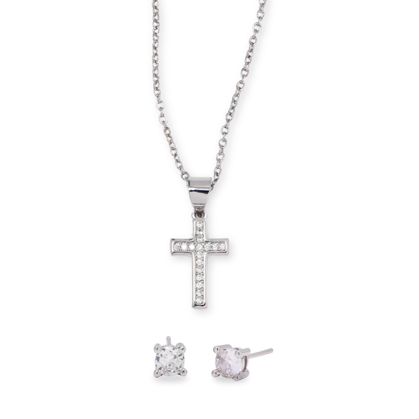 iDesire Cubic Zirconia Cross Necklace &amp; Stud Earring Set
