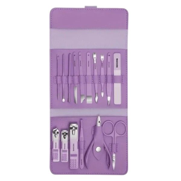16 Piece - Stainless Steel Manicure Tool Set - Light Purple