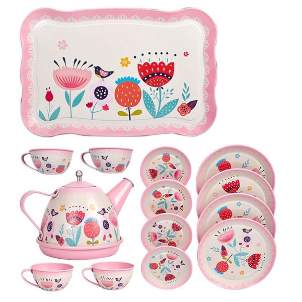 Toys Tea Set 14 Pieces, Tin Tea Party Set for Little Girls
