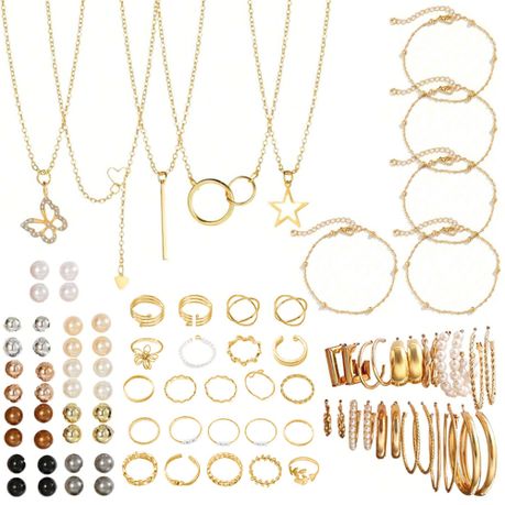 93 Pieces Gold Jewellery Set with Necklace Bracelet Ring Earring for Women Image