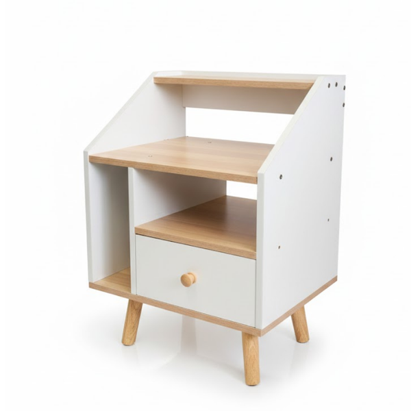 Counter Square Side Table With Drawer+Stroage-White Bedside Pedestal-7018