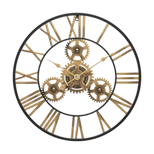 Vintage-Style Roman Numeral Gear Wall Clock - Gold Bronze