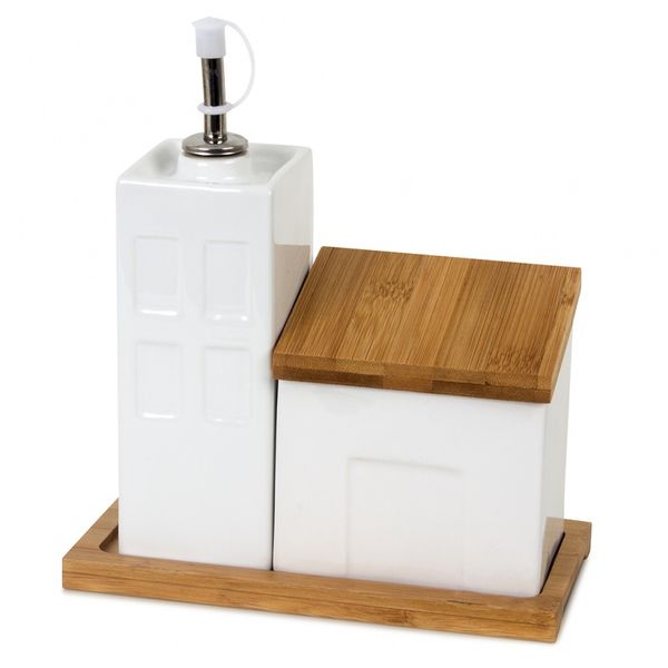 La Ville Bamboo &amp; Porcelain Cruet &amp; Salt Cellar Set on Tray