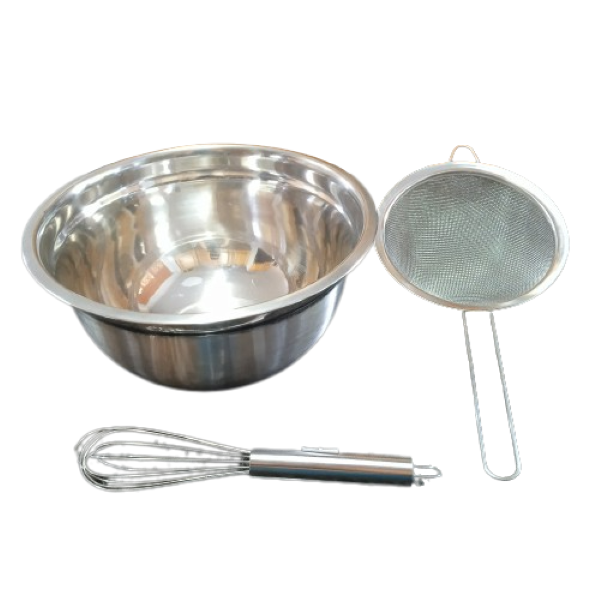 Set of 3 Stainless Steel Flour Sifter, Whisk and Stainless Steel Bowl