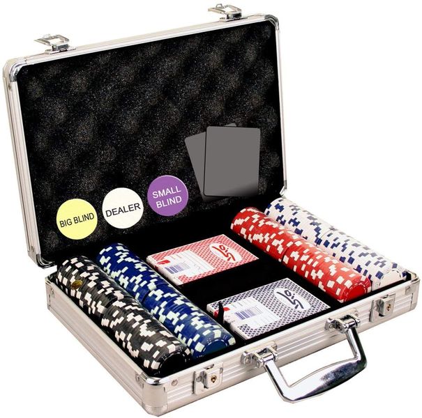Poker Set 200 Pieces with Aluminum Case, 2 Decks of Cards, 5 Dice, Dealer B