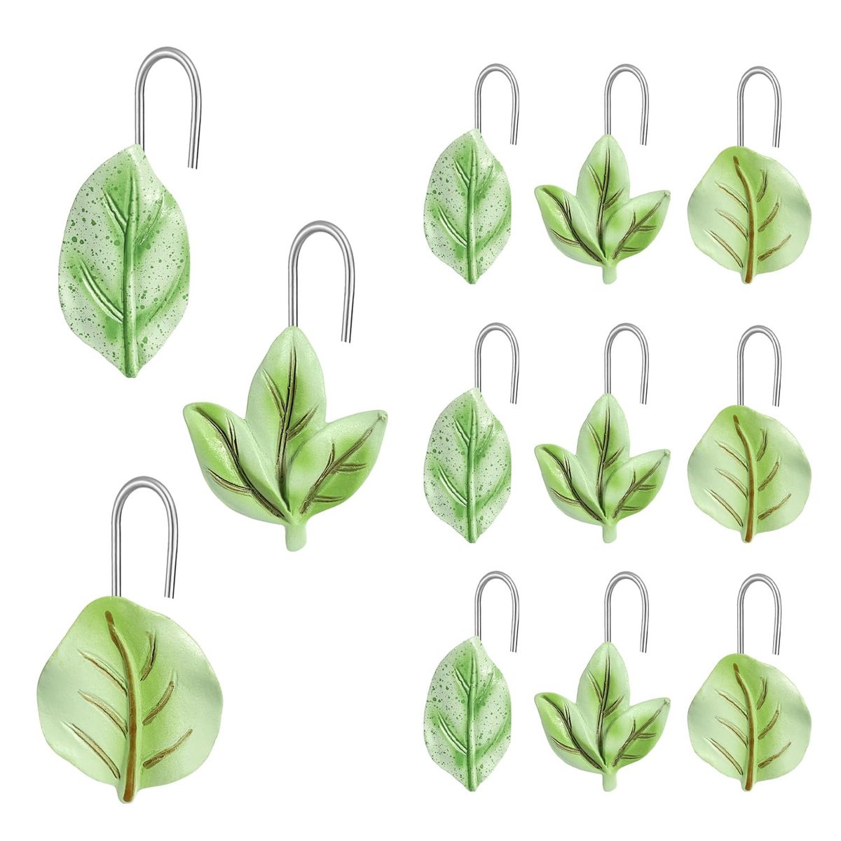 12 piece Leaves Shower Curtain Decor Hooks, Stainless Steel Hooks Curtain Ring