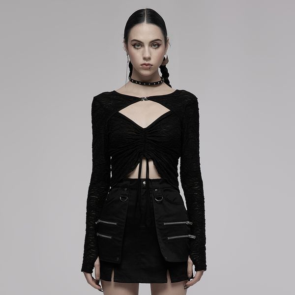 PUNK RAVE Drawstring Two-Wear Textured Fabric Long-Sleeve Top