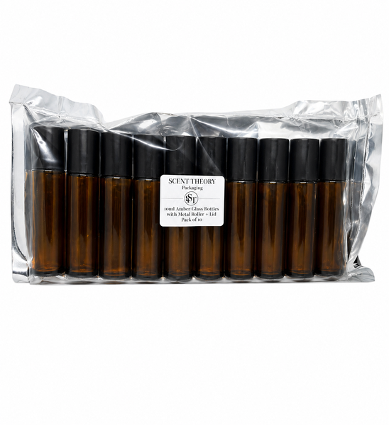10ml Amber Glass Bottles with Metal Roller + Lid - Pack of 10