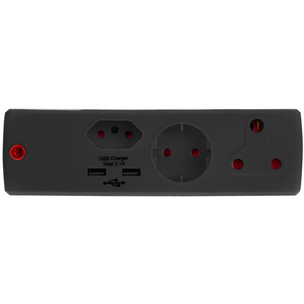 Adaptor - E/Mate - Black - 1x16Amp &amp; 1x5Amp &amp; 1Schuko &amp; 2.1 Amp Usb
