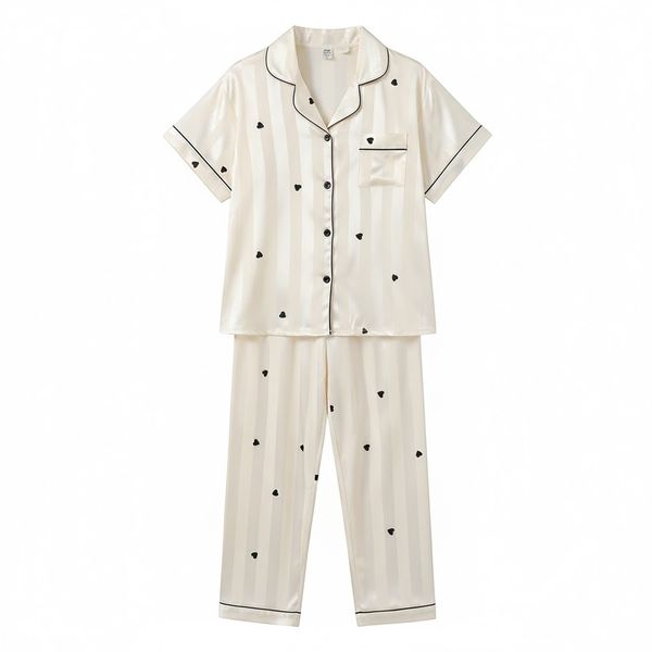 Heart Stripe Silky Button-Up Pajama Set with Contrast Piping - Cream