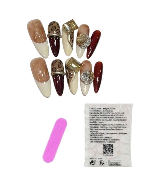 24 Piece - Almond Shaped Leopard &amp; Gem Accent Press-On Nails