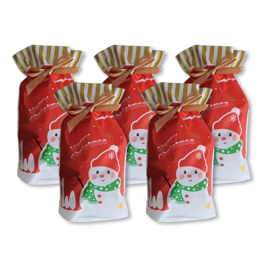 5pcs Christmas Gift Bags with Gold Drawstring Red Snowman