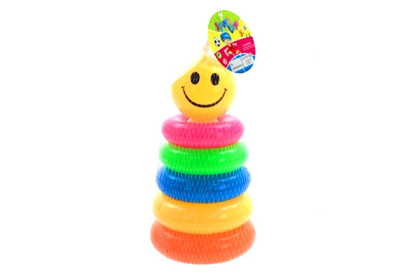 7 Piece Stacking Rainbow Tower with Smiley Ball in Net Bag