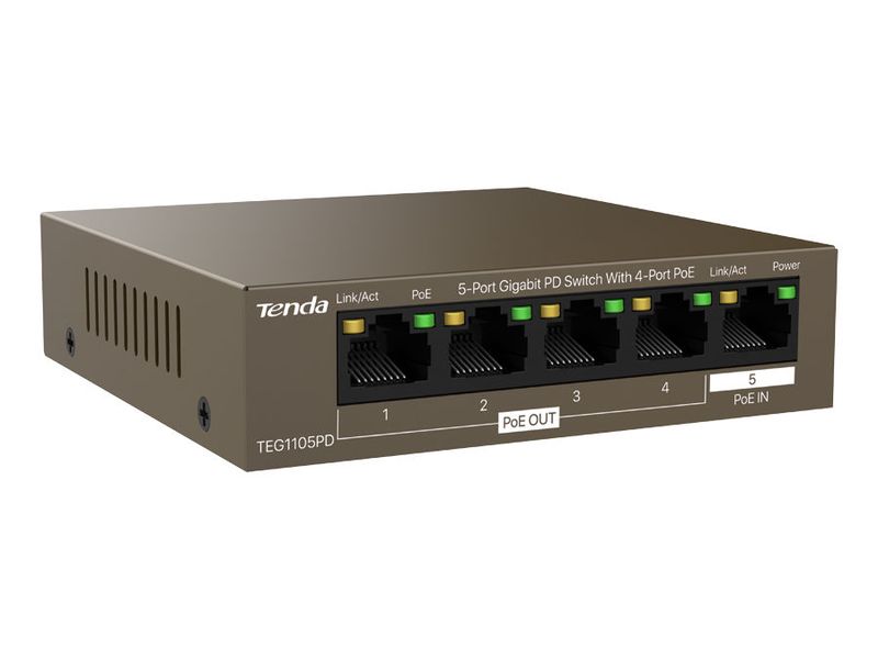 Tenda TEG1105PD Desktop Gigabit PoE Switch - 4× PoE+ Ports, 1× PoE-In, 30 W