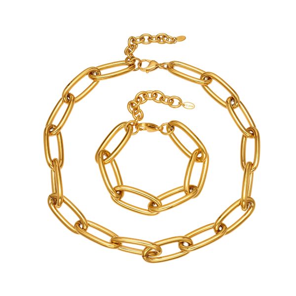Cuban Link Set - Industrial Lobster Clasp Chain Necklace &amp; Bracelet