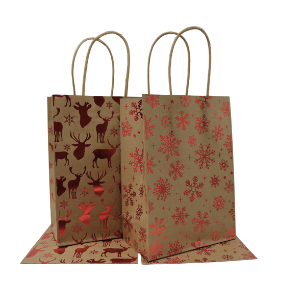 Red Foil Reindeer and Snowflake Christmas Bags (pack of 4)